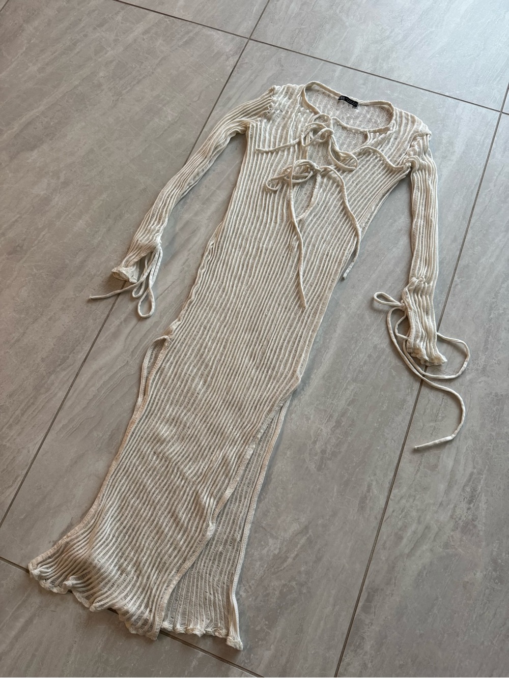 Zara Cream Ribbed Tie-Front Long Sleeve Maxi Dress